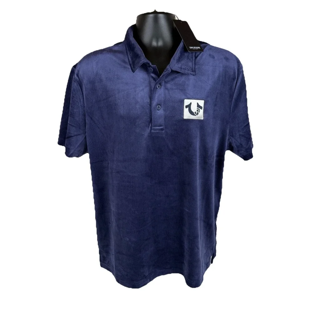 True Religion Velour Polo Shirt Men's Medium‎ Eclipse Blue Short Sleeve New $99